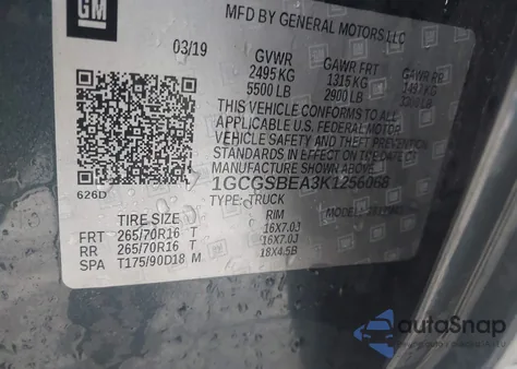 2019 Chevrolet Colorado Wt z USA, uszkodzony, nr VIN 1GCGSBEA3K1256068